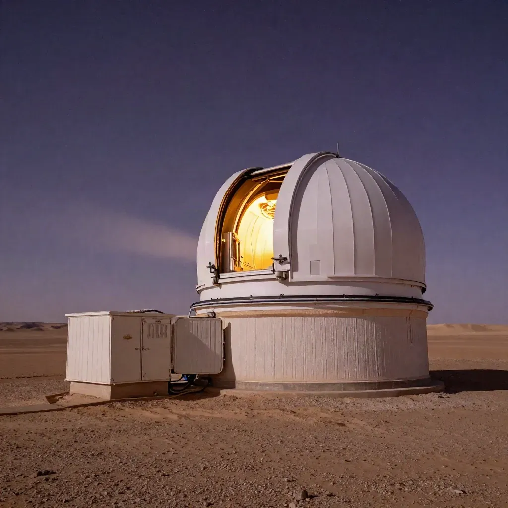 Night observatory dome on a desert plateau, slit glowing under a starry sky.