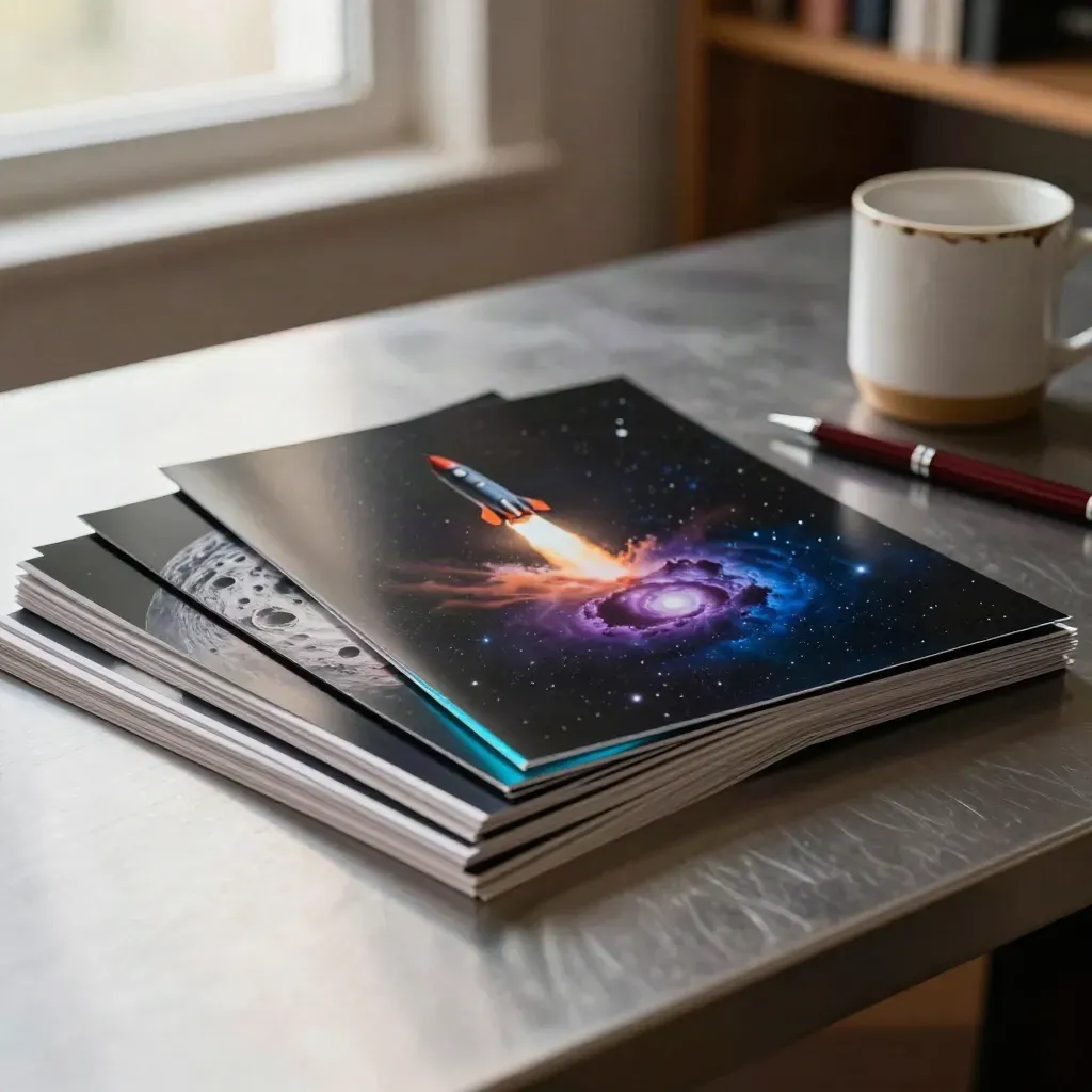 Space photo prints fanned on an aluminum desk beside a mug and red pen in soft window light.