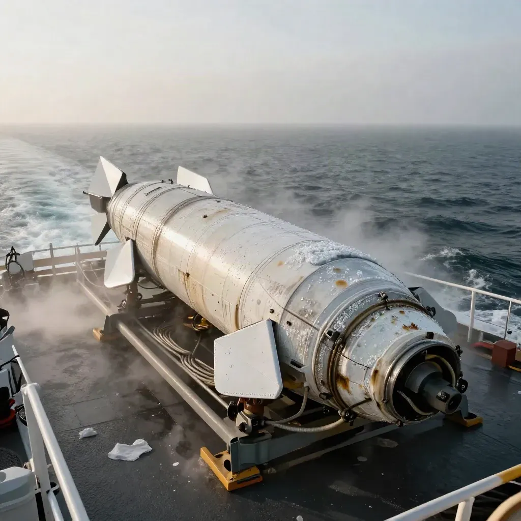 Rocket booster upright on a recovery barge, sea spray flying in low light.