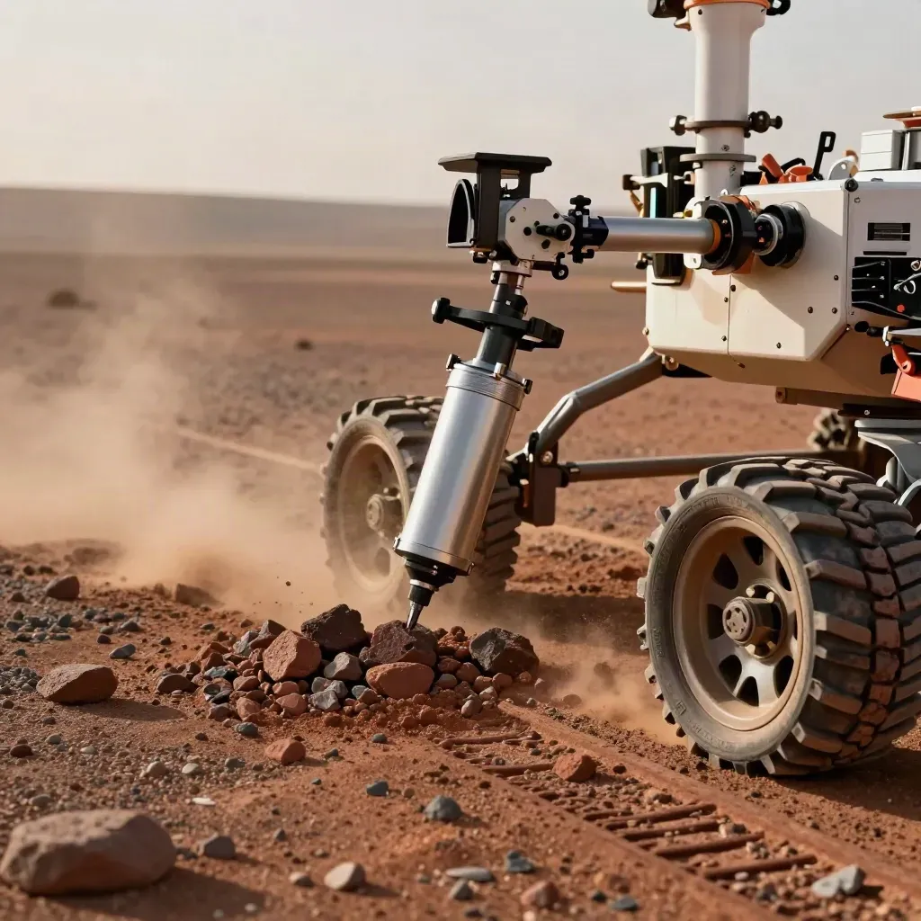 Extreme macro of a Mars rover test bed, sample tube, arm, gravel tracks and drifting dust.