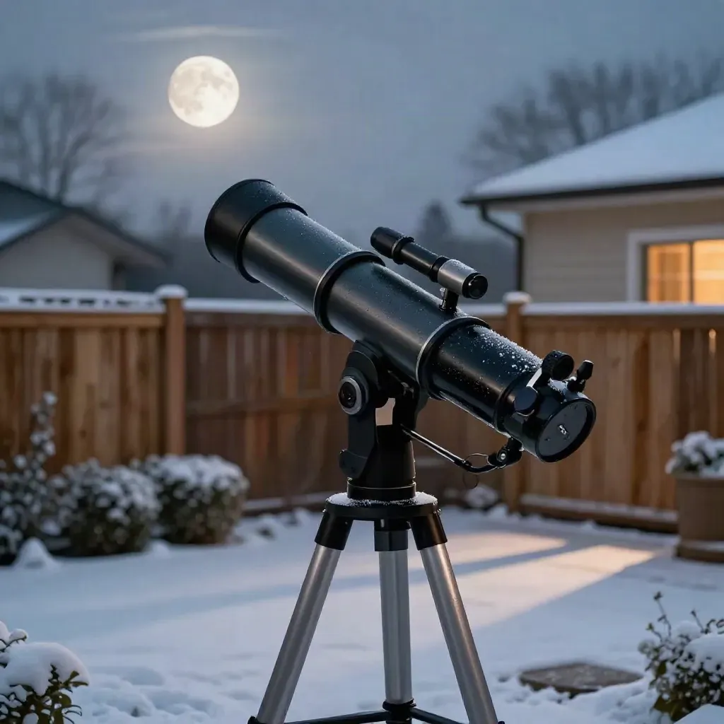 Backyard telescope aimed at a bright moon above a snowy fence at dusk