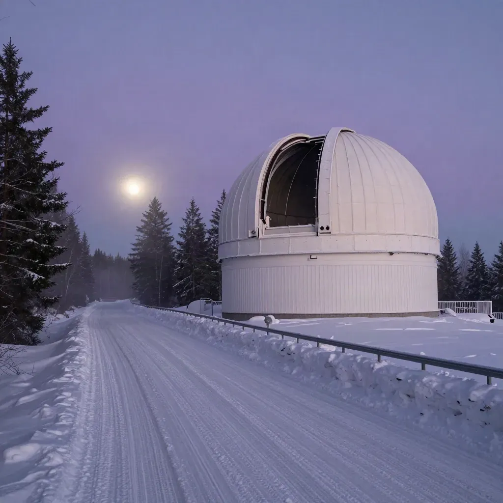 Snowy observatory dome opening under a rising moon beside a winter access road