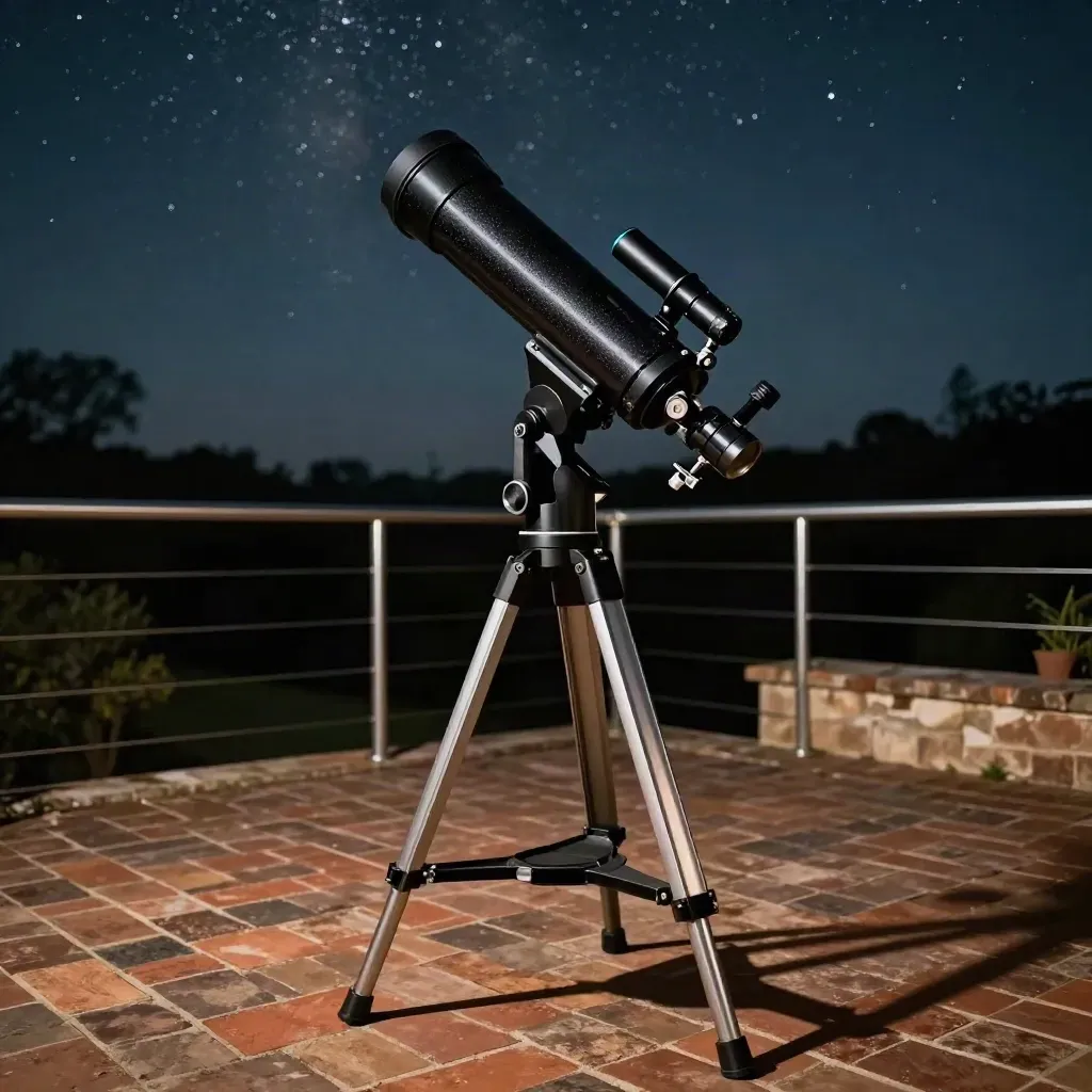 Refractor telescope settling over a brick terrace beneath a glowing star field.