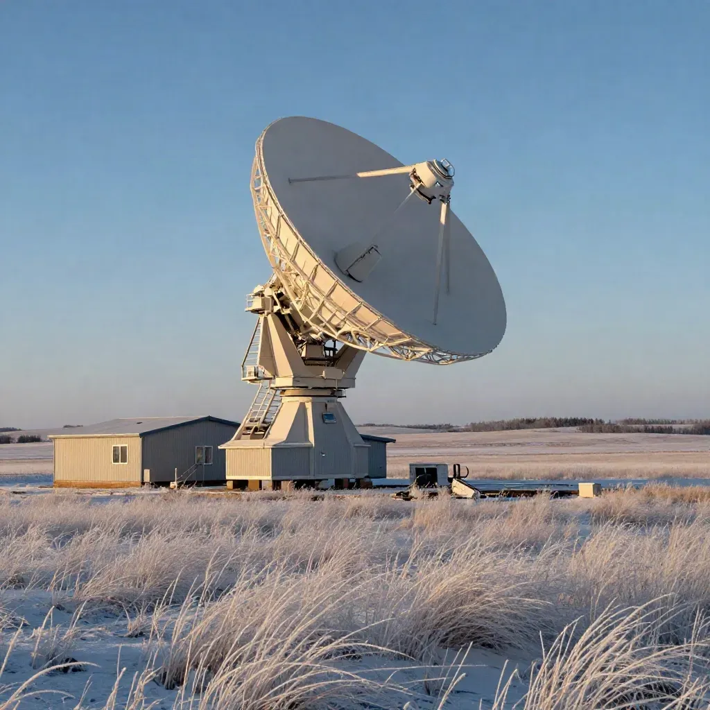 Prairie radio telescope dish beside a small observatory in frosty dawn light.