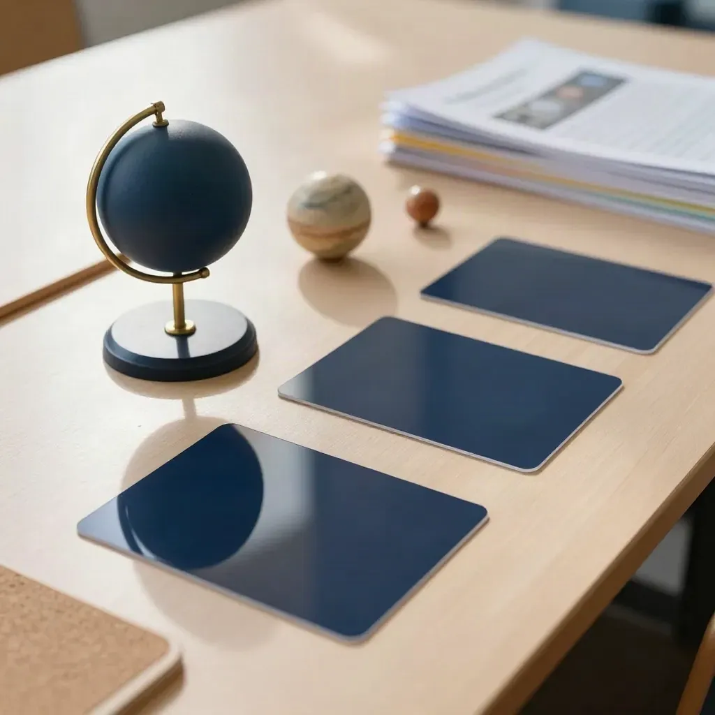 Classroom solar system model with acetate overlays on a birch tabletop