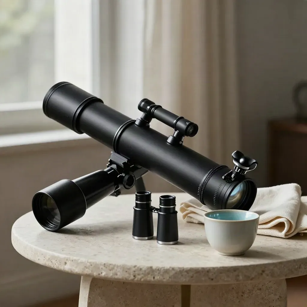 Matte-black telescope tube with eyepieces, cloth, and cup on a pale stone side table.